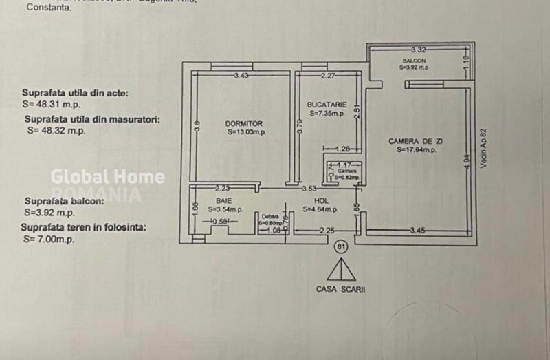 Tomis Nord- Zona Rovere Stradal Apartament 2 camere 53 mp utili
